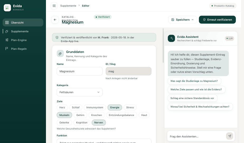 Evida Kuratoren-Konsole — Supplement-Editor